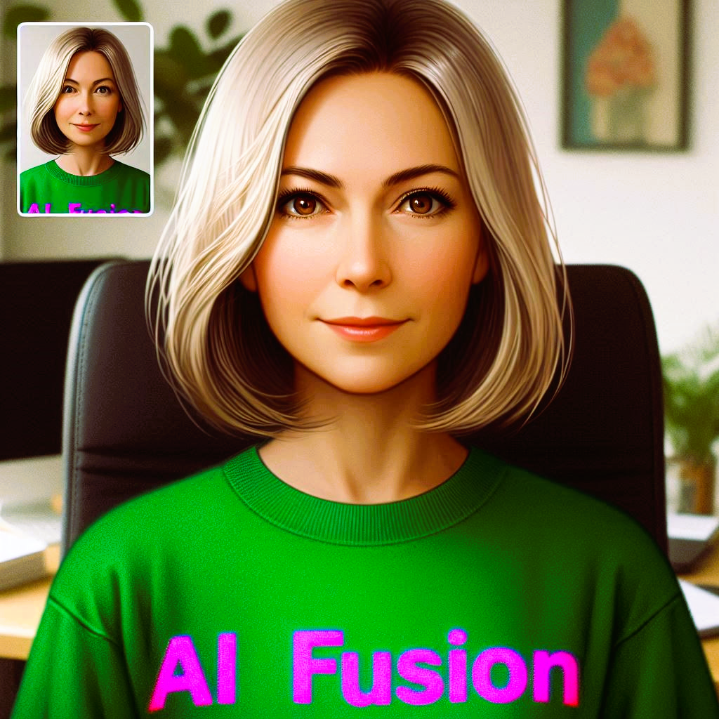 AI Fusion representative - Professional woman in green AI Fusion sweater representing approachable AI education and consulting services