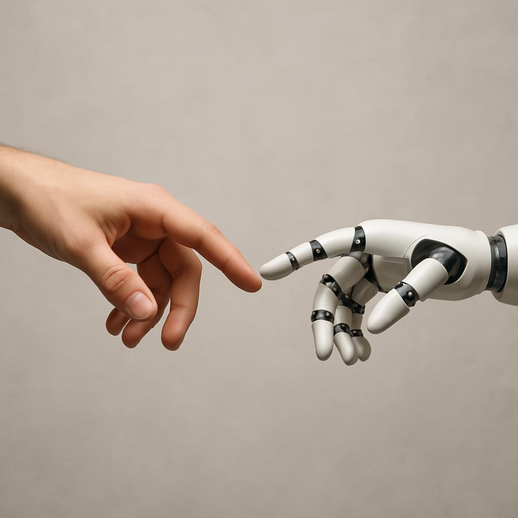 Human hand connecting with AI robotic hand - representing the fusion of human and artificial intelligence